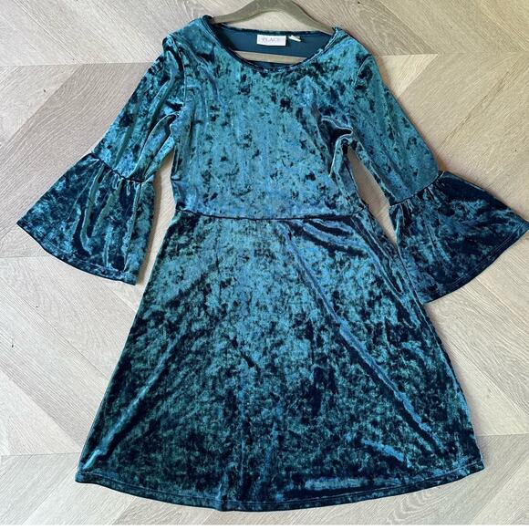 Children's Place Teal Blue Crushed Velvet Dress Bell Flare Sleeve L Large 10 12 - Picture 1 of 7